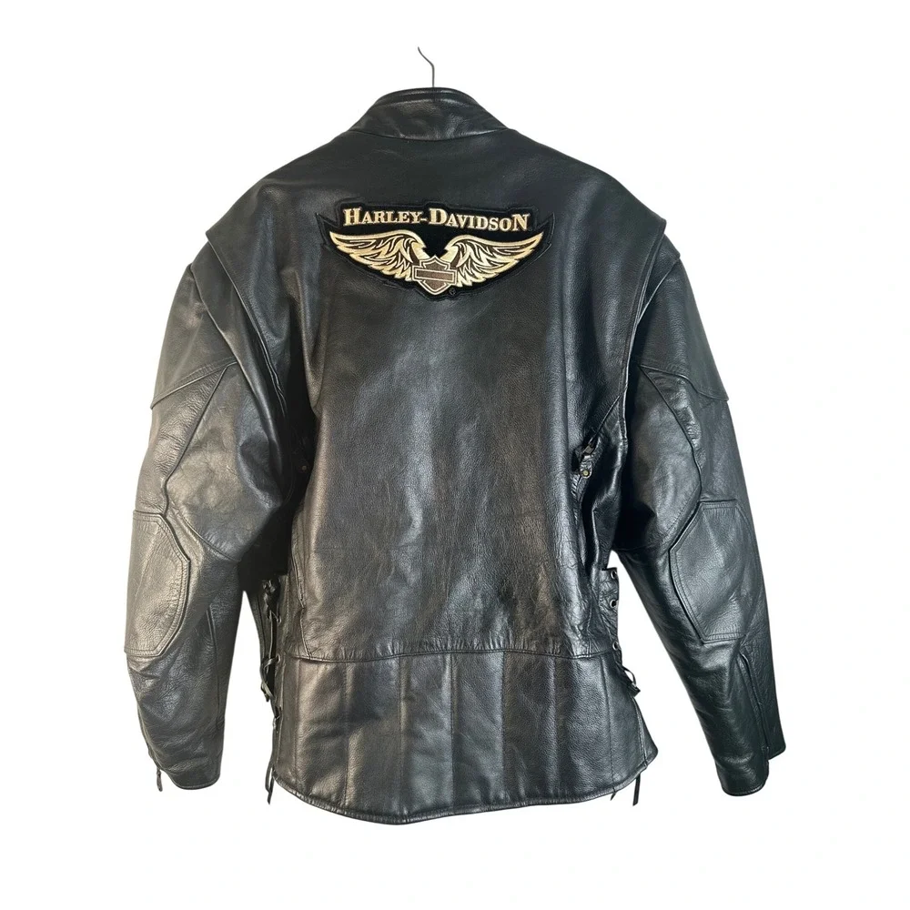 Harley-Davidson Men's Black Laced Side Embroidered Logo Leather Moto Jacket 50